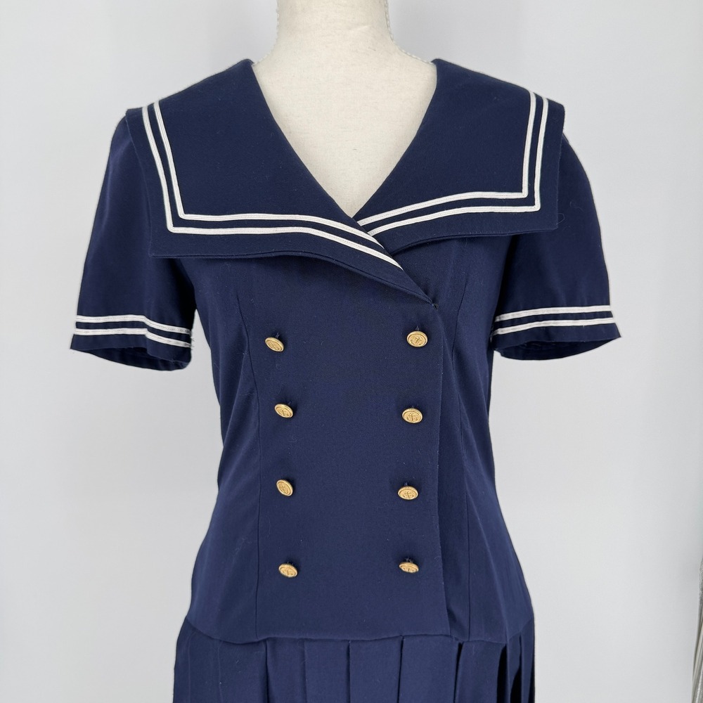 Vintage Handmade Navy Sailor Dress S Nautical Pleated Midi Gold Buttons Preppy - Picture 2 of 13